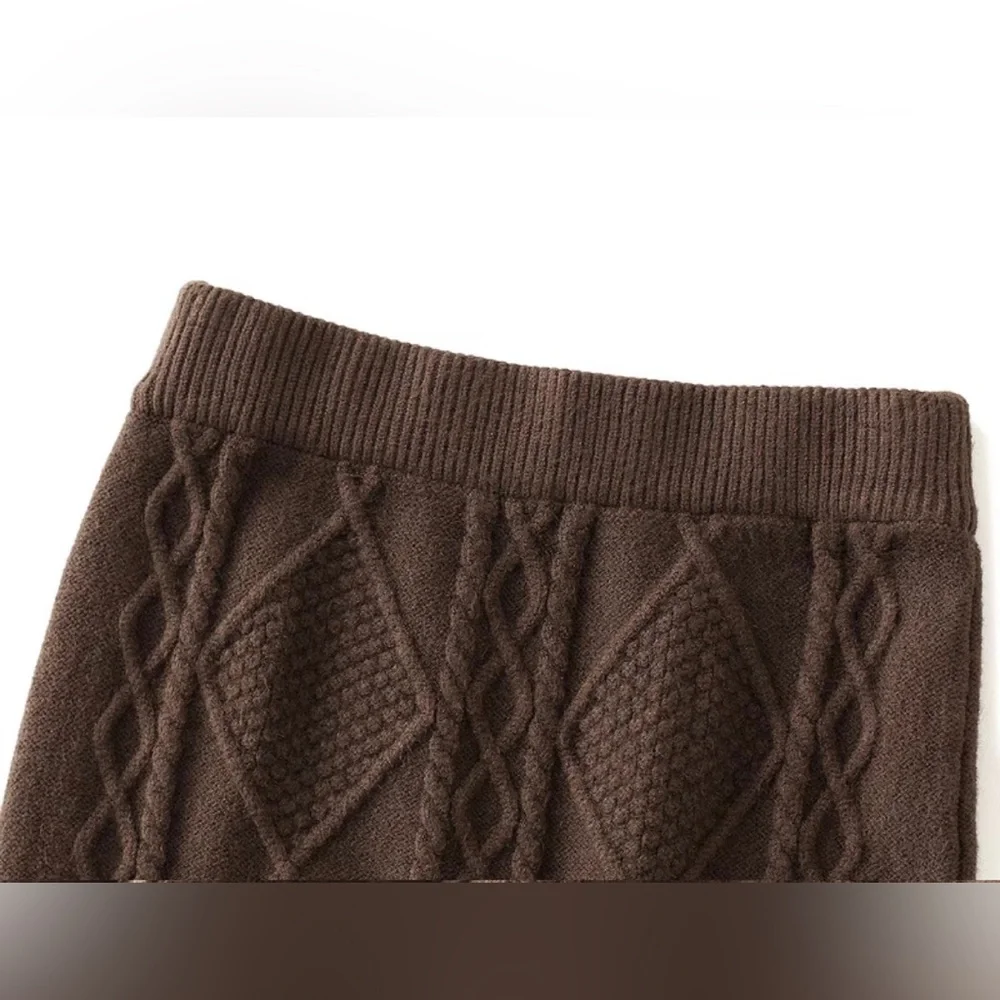 NEW Brown Cable Knit Stretchy Bodycon Midi Sweater Skirt